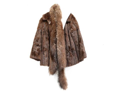 A natural ranch mink jacket; a dyed Russian squirrel coat; and a silver fox trim; the jacket and coat lining with embroidered