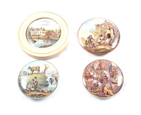 Twenty eight Prattware pot lids, two with bases, varying sizes, two Anchovy Pastelids and a Cold Cream lid, four bases and tw