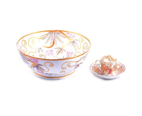 Minton (First Period) porcelain cup and saucer, (saucer cracked) and a matching rose bowl, large exotic leaf and berry design