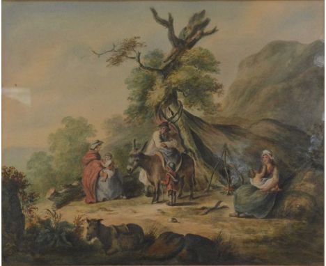 R Speare, The Gypsy Camp, watercolour, 40 x 49cm;and a pair of landscapes after Chinnery,each 12x19cm, framed as one.Qty: 2