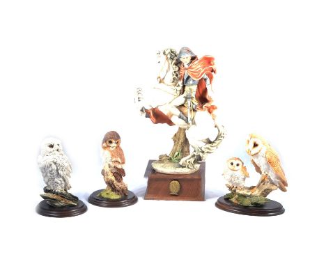 Large Armani model of Napoleon on horseback, 43cm, and three composition owls.Qty: 4