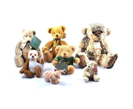 Charlie Bear Squidge; Russ Bancroft, ltd ed 12846/15000; Russ Dunwell poseable bear; two Harrods bears; and a Brymac Claudia 