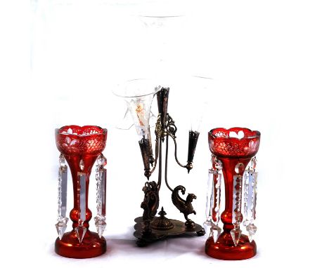 Pair of ruby glass lustres, engraved with fruiting vines, some cut glass droplets, 26cm, and a Victorian silver plated epergn