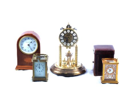 French brass carriage clock, enamelled dial, timepiece movement, 12.5cm, in a travelling case with key, Angelus Carillon bras