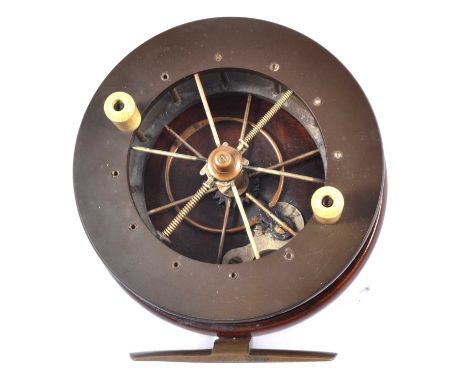 Coxon Aerial fishing reel, model 4108A, circa 1925, 4 1/2” drum, ebonite drum, brass starback, brass foot stamped '22356'.