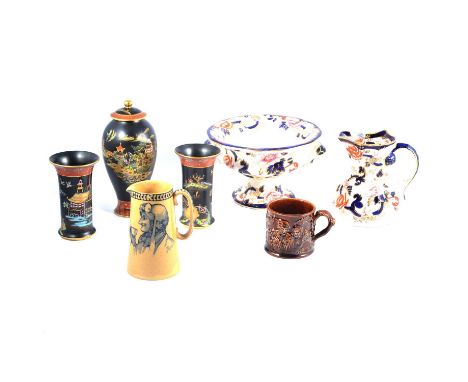 Carltonware matt black three-piece garniture Mikado pattern, tall jar 23cm, Royal Doulton mug, 'The Best of Men'; treacle gla