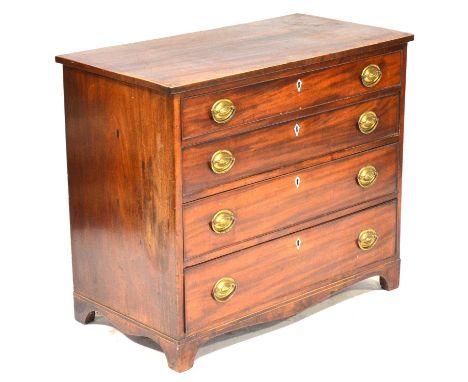 George III mahogany chest of drawers, boxwood stringing, four long graduating drawers with ivory escutcheons, bracket feet, w