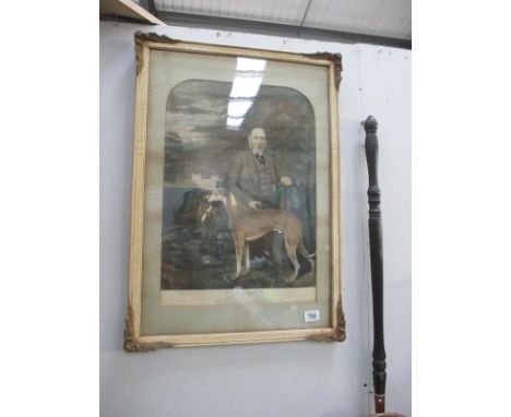 A vintage framed and glazed print/etching of man with greyhound