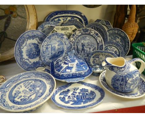 A quantity of blue and white china including Copeland Spode, Willow pattern, Myott, Minton, Comport, Jug, Tureen, plates etc.