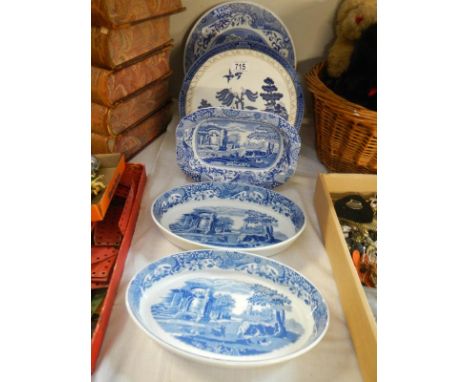 A Spode cake stand, Royal Doulton willow pattern cake stand and 3 other items of Spode blue and white