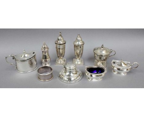 A Collection of Assorted Silver, comprising two differing three-piece condiment-sets; an oval mustard-pot; a napkin-ring, eng