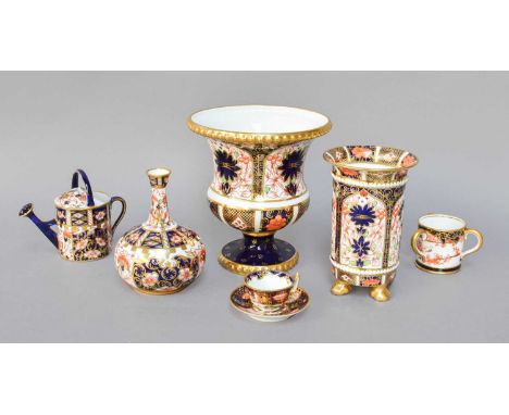 Royal Crown Derby Imari,  a campana urn, 13cm high, two other vases, a minaiture tyg, and miniature watering can, and a minia