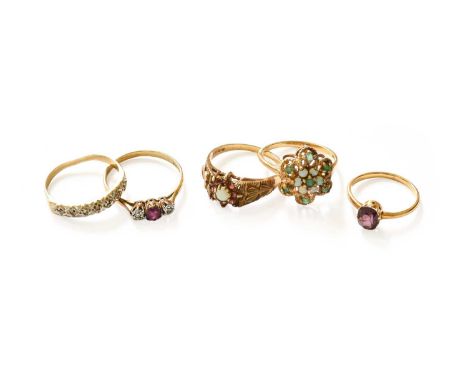 Three 9 Carat Gold Rings, including an opal and garnet example and an opal and emerald example, varying sizes; A Diamond Seve