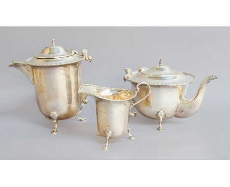 A Three-Piece George VI Silver Teapot-Service, Birmingham, 1942, each piece tapering and on pad feet, comprising a hot-water 