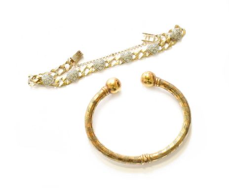 A 9 Carat Gold Curb Link Paste Bracelet, length 20cm; and A 9 Carat Gold Hinged Torque Bangle, measures 6.4cm by 4.6cmGross w