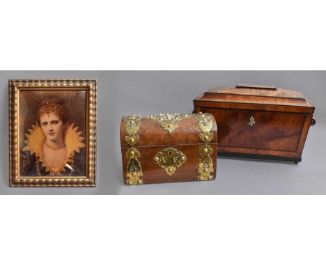 An Early 19th Century Mahogany Sarcophagus Tea Caddy, with bone lock escutcheon; a Victorian brass bound walnut casket and a 