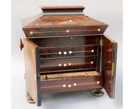 A Victorian Rosewood Work Box, inlaid with mother of pearl, with caddy top, turned handles and bun feet, 31cm by 23cm by 35cm