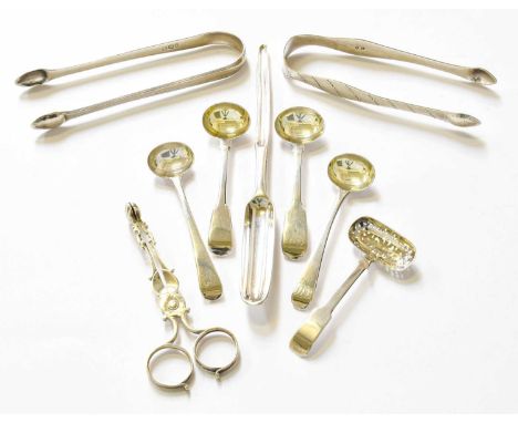 A Collection of George II and George III Silver Serving-Implements, comprising a pair of George II sugar-nips, circa 1750; a 