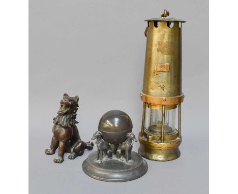 A Chinese Bronzed Censor, formed as a Lion Dog; together with a silver plated inkwell with greyhound supports and a Davis Kir