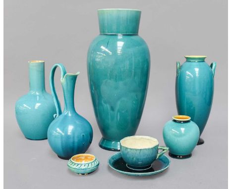 Linthorpe Pottery, vases, ewers, tea wares, quantity of items glazed in a turquoise glaze including shape No. 1414, 896, 875,