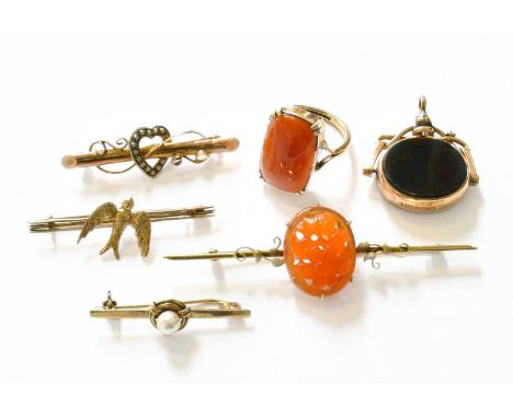 Four Brooches, including a cornelian example, a split pearl example etc; A 9 Carat Gold Cornelian Ring, finger size S; and A 