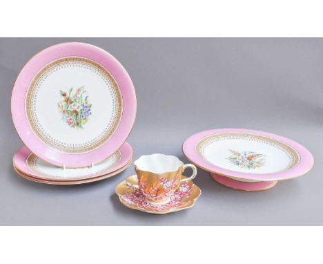 A Royal Worcester Floral Painted Dessert Service, with pink borders, comprising five plates and two comports, together with A