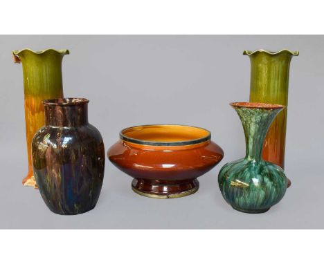 Linthorpe Pottery; a bowl shape No. 467, impressed Christopher Dresser, a pair of vases shape No. 2261 and a further pair of 