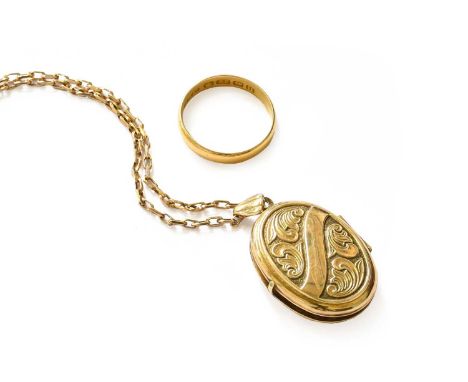 A 22 Carat Gold Band Ring, finger size N; A 9 Carat Gold Locket on Chain, locket measures 3.4cm by 2.0cm, chain length 50.5cm