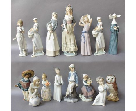 Fifteen Lladro Figures, including Mexican boy with pitcher, Spanish lady, girl with oranges, owl etc. (one tray)