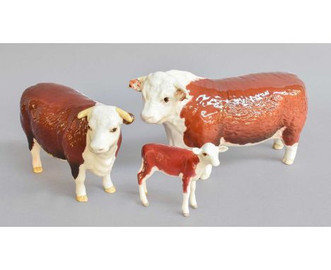 Beswick Hereford Cattle, comprising: Bull, First Version, model No. 1363A, Cow, model No. 1360 and Calf, model No.1249E, all 