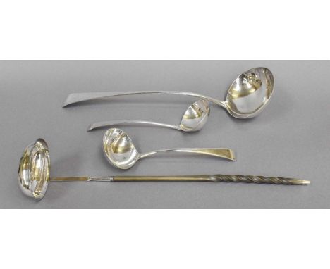 A Collection of George III Silver Flatware, comprising a toddy-ladle with twisted whale bone handle, a pair of Old English pa