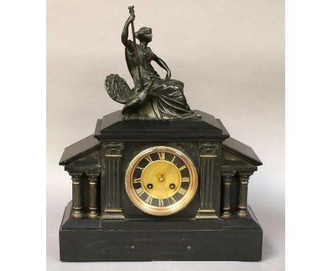 A Victorian Slate Striking Mantel Clock, with figural surround, 42cm high