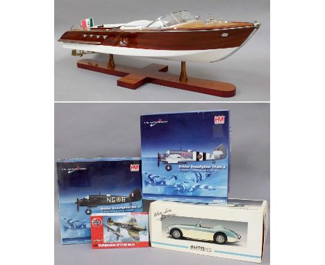 Scale Wooden Model of a Speedboat, together with an Airfix Submarine Spitfire, 1:18 scale Austin Healy 3000 and two Air Power