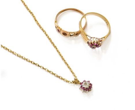 A 9 Carat Gold Ruby and Diamond Cluster Pendant on Chain, pendant length 1.2cm, chain length 45.7cm; A 9 Carat Gold Ruby and 