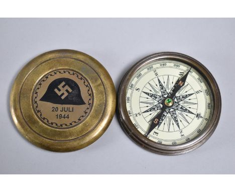 A Reproduction Circular Brass Pocket Compass, Lid Decorated with Nazi Helmet and Swastika, 20 Juli 1944, 7.5cms Diameter 
