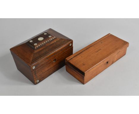 A 19th Century Rosewood Sarcophagus Shaped Tea Caddy with Inlaid Mother of Pearl Discs together with an Edwardian Glove Box, 
