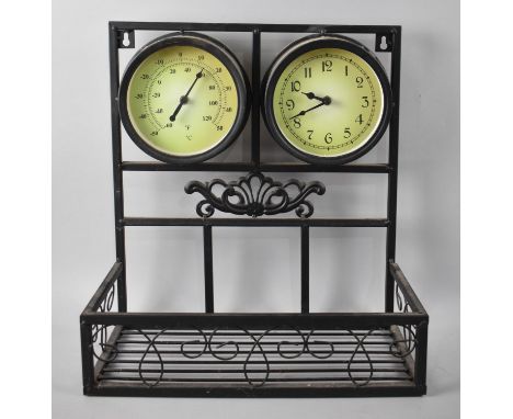 A Modern Metal Wall Hanging Bottle Stand with Clock and Thermometer, 45cms Wide and 38cms High 