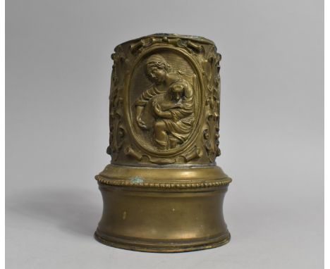 A Late 19th Century Relief Brass Cylindrical Stand for Lamp or Similar decorated with Shepherd and Lamb, 19.5cms High 