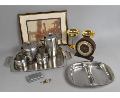 A Collection of Various Metalwares to comprise Old Hall Teawares etc Together with an Art Deco Mantel Clock and a Framed Prin