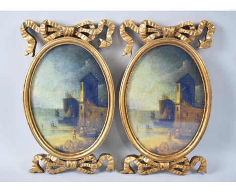 A Pair of Gilt Framed Oval Prints Depicting Harbours, 24cm high 