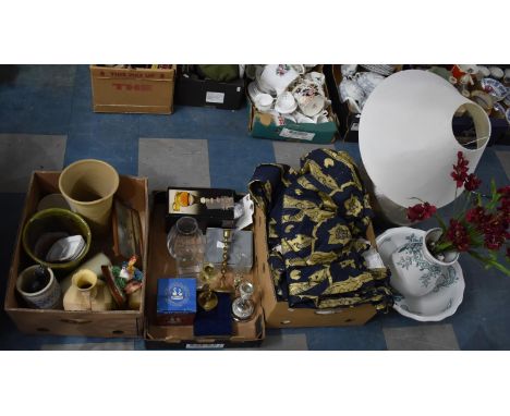Three Boxes of Various Sundries to comprise Fabrics, Curtains, Jackfield Black Glazed Finger Plates, Washbowl and Jug, Lamp E