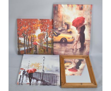 A Collection of Three Mounted but Unframed Wall Hanging Prints, Umbrellas Together with a Pine Framed Mirror 