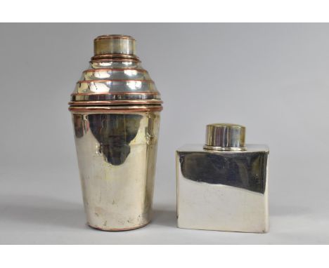 A Silver Plated Rectangular Flask and a Silver Plate on Copper Cocktail Shaker 