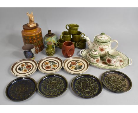 A Collection of Various Ceramics to comprise Large Hornsea Flour Storage Jar, Green Glazed Cups, Langley Geometric Pattern Di