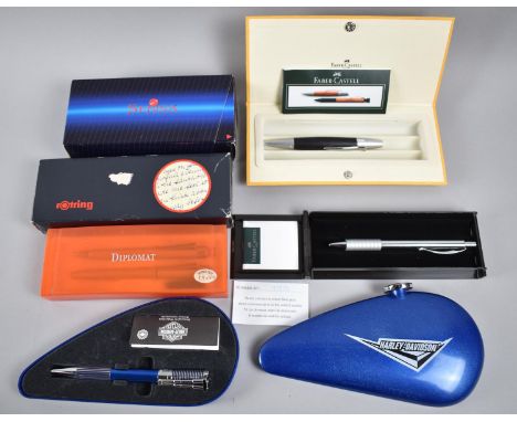 A Collection of Boxed Pens to Comprise a Waterman Harley Davidson Fuel Tank Ballpoint, Sensa by Willat, Diplomat Pen and Penc