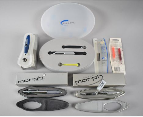 A Cross Matrix Pen Set, a Cross Morph 2 Roller Ball, a Cross Morph Ball Point and a Cross Blue Aurora Ion 