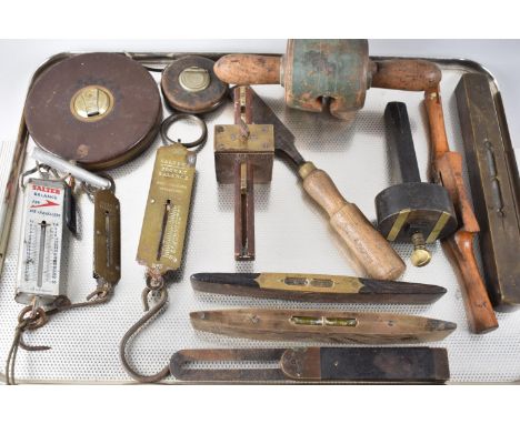 A Collection of Various Vintage Tools, Spring Balances, Tape Measures etc 