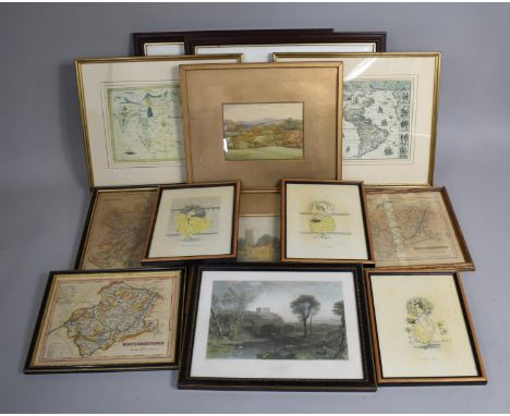 A Collection of Various Pictures and Prints to include Hogarth Framed Maps, Two Watercolours  Etc 