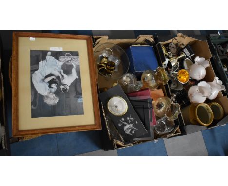 Two Boxes of Various Sundries to comprise Glass Shade, Stoneware Jars, Hatbox and Hat, Pictures and Prints etc 
