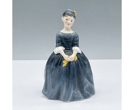 Features a delightful young girl in a blue dress with a matching headpiece, holding a yellow handkerchief. Royal Doulton back